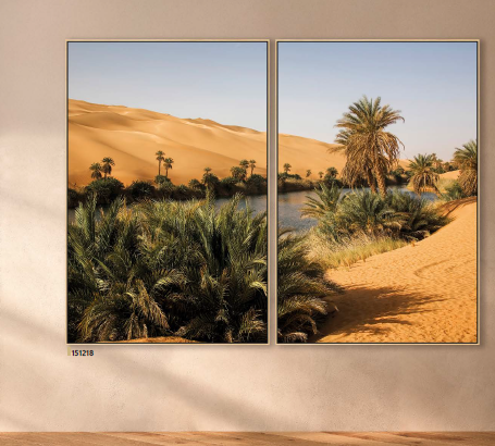 Quadro foto realista de um oasis verde em meio a dunas de areia