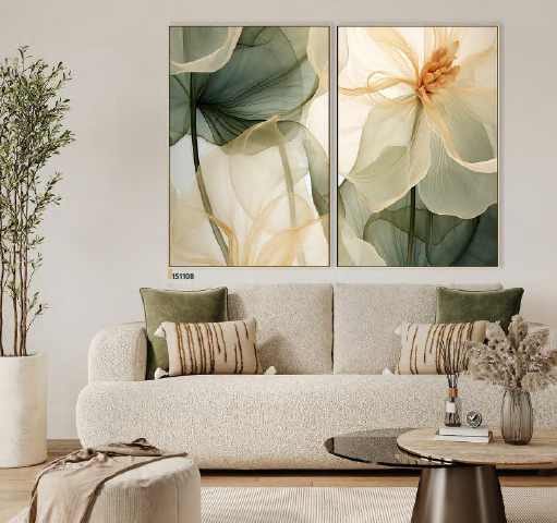 Quadro em tons de verde com folhas e flores modernas