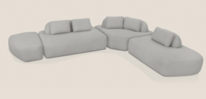 Sofá modular cinza com design orgânico e contemporâneo, composto por módulos curvos e almofadas soltas, ideal para salas modernas - opção versátil par quem busca conforto, personalização e estilo na escolha do sofá ideal.