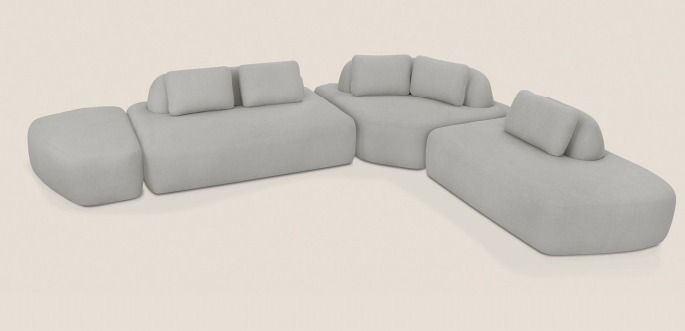 Sofá modular cinza com design orgânico e contemporâneo, composto por módulos curvos e almofadas soltas, ideal para salas modernas - opção versátil par quem busca conforto, personalização e estilo na escolha do sofá ideal.