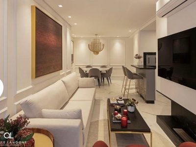 Apartamento decorado em Novo Hamburgo com sofá, mesa de jantar e banquetas da Loja Decore Bem móveis.